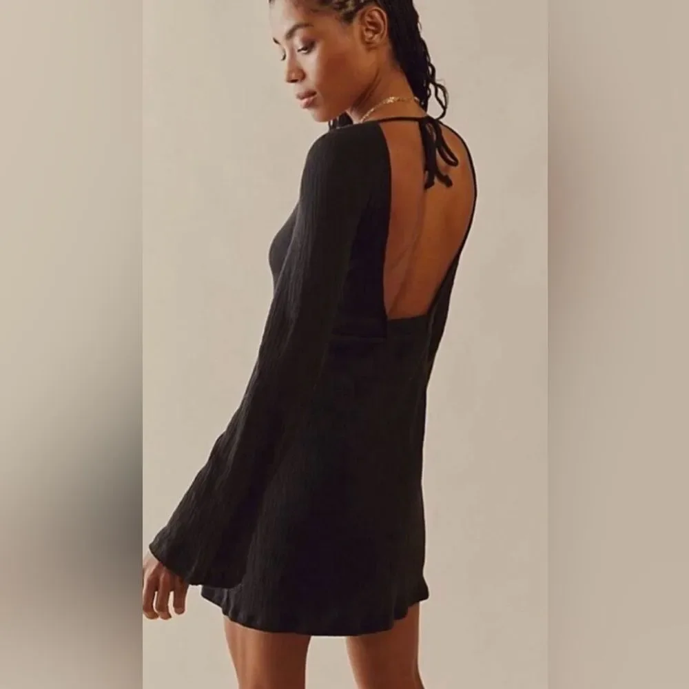 Free People Beach Brynne Black Mini Dress Medium Bell Sleeves Tie Front